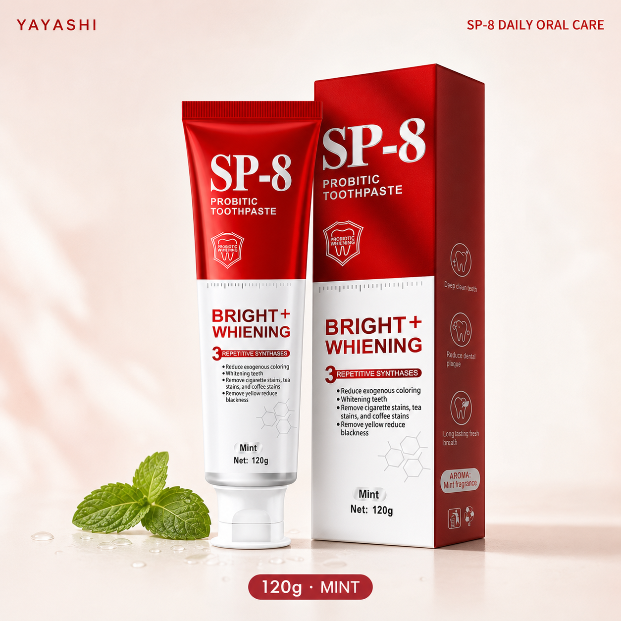 YAYASHI SP-8 toothpaste tube and carton, 120g