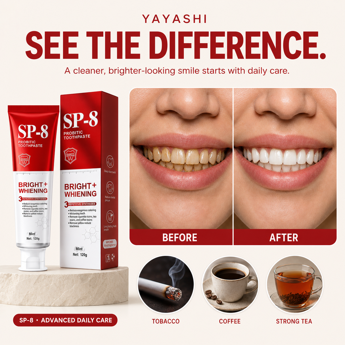 YAYASHI SP-8 Daily Brightening Toothpaste — 120g，YAYASHI SP-8 Daily Brightening Toothpaste — 120gYAYASHI SP-8 Daily Brightening Toothpaste — 120gYAYASHI SP-8 Daily Brightening Toothpaste — 120g