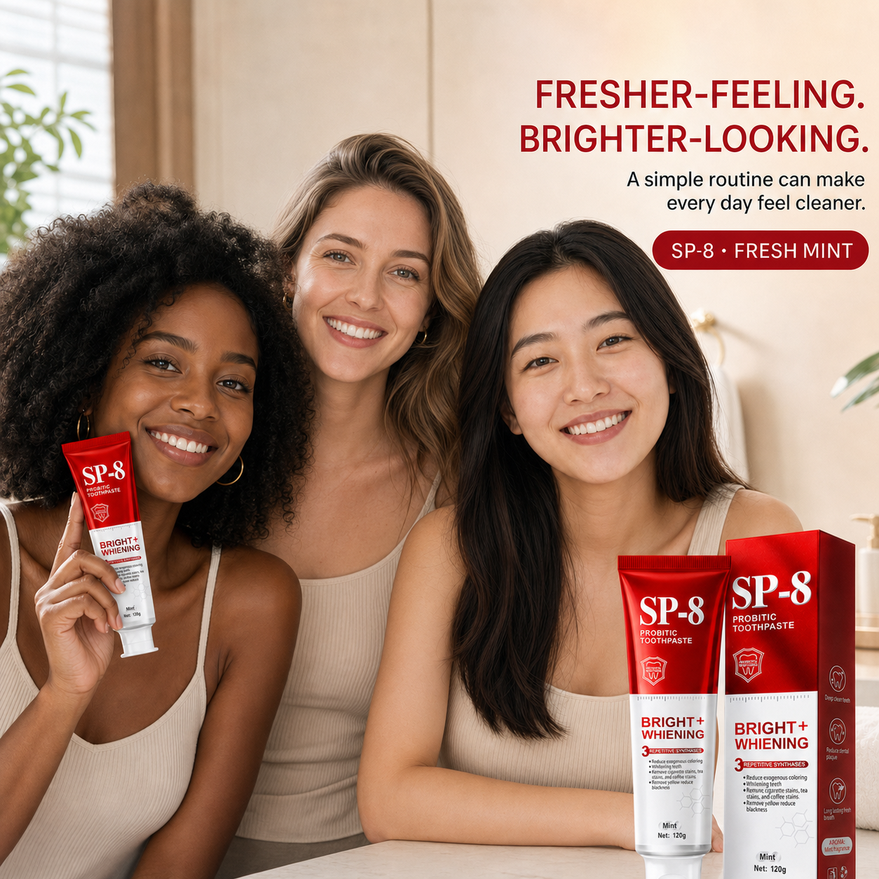 Three women with diverse skin tones in an SP-8 oral care lifestyle scene