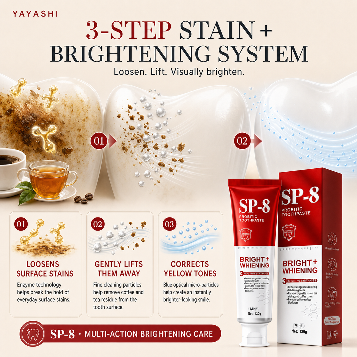 YAYASHI SP-8 Daily Brightening Toothpaste — 120g，YAYASHI SP-8 Daily Brightening Toothpaste — 120gYAYASHI SP-8 Daily Brightening Toothpaste — 120gYAYASHI SP-8 Daily Brightening Toothpaste — 120g