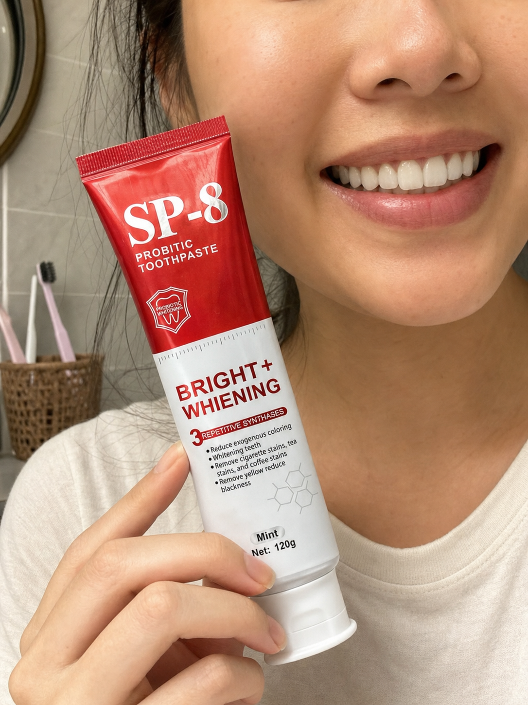 Teaching-demo customer photo of an East Asian woman smiling while holding SP-8 toothpaste