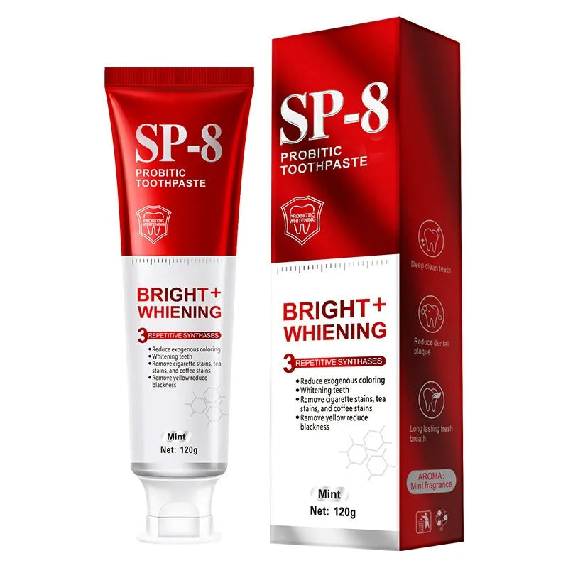 SP-8 Bright + Whitening toothpaste tube and carton