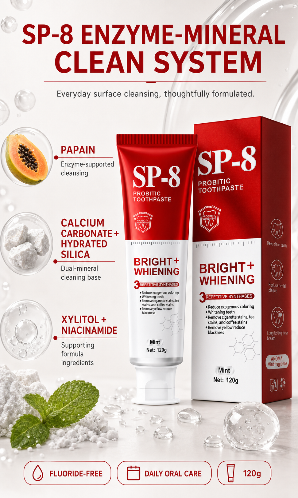SP-8 enzyme-mineral cleaning system with papain, calcium carbonate, hydrated silica, xylitol and niacinamide